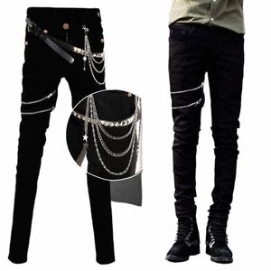 Idopy Fi Slim Fit Denim Pants Punk Style High Elastic Stretchy dragkedjor Gotiska rumpa Jeans Trouser för män med kedja Q87E#