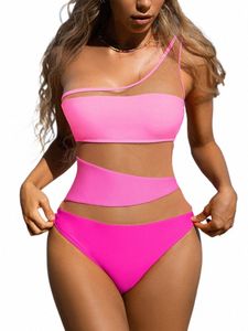 In-x rosa en bit baddräkt en axel badkläder kvinnor 2023 Ny sexig transparent bikini lapptäcke mesh badkläder baddräkt v3re#