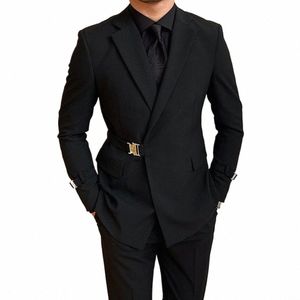 british Style Black Suit Jacket Male Elegant Gentleman Busin Casual Profial Formal Dr Body Belt A Double Breasted Q2ov#