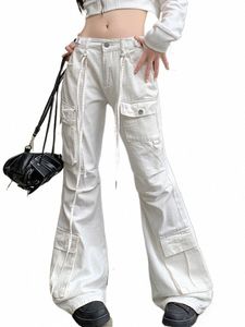 2023 Y2K Fi Multi Taschen Weiß Baggy Flare Cargo Jeans Hosen Für Frauen Koreanische Kleidung Casual Dame Lg Hosen Pantals 34Dg #