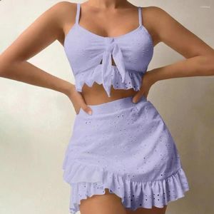 Mulheres de banho moda mulheres de três peças conjunto de biquíni com plissado hem cintura alta cobrir saia sexy sólido para beachwear