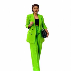 High Street Peak Lapel Double Breasted Suits For Women Chic Casual B Solid Pants Set 2 Piece Blazer med full längd byxor S85x#