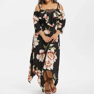 Women Dresses Plus Size Midi Dress Off Shoulder Sling 34 Sleeve Chiffon Flower Printing Front Laceup Irregular Hem 240319