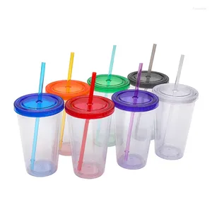 Mugs 710 ML 24 Oz Clear Plastic Double Wall Glass Straw Cap Leak-proof Coffee Cup With