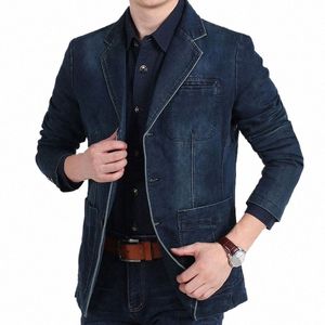 Spring Casual Cott Denim Sucid Men Men Winter Classic Fi Slim Wed Retro Blue Dżinsy Blazer Coat
