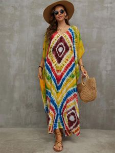 Collo Boho Stampa Allentato Caftano Manica a pipistrello Spacco laterale Vacanze estive Maxi vestito Donna Beachwear Parei Robe Q1464