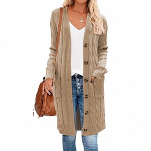 Weibliche Strickjacke Einfarbig LG-Ärmel Pullover Strickmantel mit Taschen für Frühling Herbst S M L C2tG #
