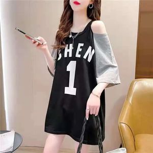 Donna Estate Coreana Sexy Spalle scoperte Lettera Stampa Patchwork T-shirt oversize Harajuku Streetwear Y2K Manica corta Top Ropa 240328