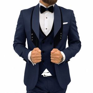 Темно-синие костюмы для мужчин Slim Fit Роскошные свадебные смокинги Fi Мужские пиджаки Жилет Брюки 3 шт. Куртки для выпускного вечера на заказ R8wo #