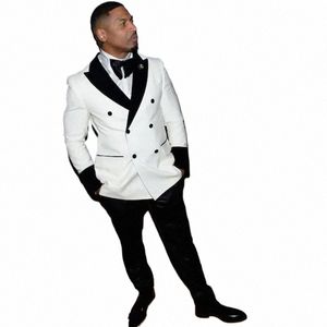 white Blazer Black Pants Double Breasted Peak Lapel Guest 2 Piece Jacket Trousers Prom Party Outdits Luxury Full Set Clothing r2Js#