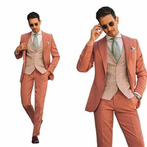 Coral vermelho masculino terno sob medida 3 peças blazer xadrez colete calças smoking uma bunda busin fi casamento noivo baile de formatura sob medida j829 #