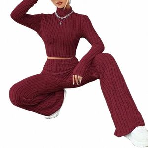 beige Western Style Knitted Fi Suit Women New Korean Split Black Sweaters Wide Leg Pants Lady Casual Two-piece Sets q8eb#