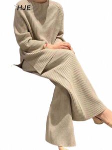 cjfhje جديدة السترة ذتلة متشابكة نساء أنيقة الصلبة O-nock pullovers الساق واسعة الساق بدلة سيدة الشتاء ناعم 2 قطعة مجموعة الملابس الرئيسية m606#