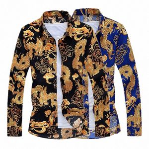 Ouro chinês arrastar impressão lg manga camisa masculina único breasted gola quadrada camisas pretas fi casual chemise q8mG #