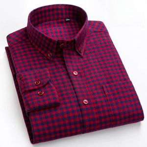 Мужские рубашки с длинными рукавами из 100% хлопка, облегающие повседневные однотонные рубашки, элегантная одежда с одним карманом в ломаную клетку 240320
