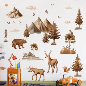 Klistermärken 4 Sheet Giant Brown Mountain Forest Tree Wall Decal Deer Bear Stickers Jungle Wild Animal Pine For Kids Room Playroom Decor