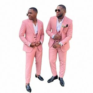 Luxo rosa ternos masculinos casamento conjunto completo único breasted lapela pico formal ocn 3 peça jaqueta calças colete magro blazer e2mK #