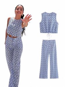 Traf Women Plaid Print Tops Pants Set Fi Summer New Female O-Neck ärmhet DrawString Short Top+High midje LG-byxor Y2BM#