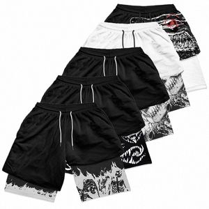 y2k Gothic Punk Skull Print 2 in 1 Shorts for Men Gym Athletic Performance Shorts with Pockets Summer Workout Fitn Running g3J6#