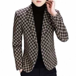 hoo 2023 Men's Autumn New Busin Slim blazer Youth Square Plaid Jacquard Handsome blazer x8NR#