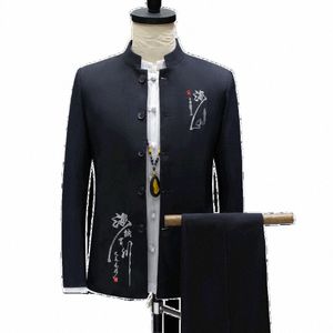 chinese Style Autumn Blazers Coat Men's Spring Autumn Casual Stand Collar Embroidery Suits Pants Jacket Trouser 2pcs Set q6cg#