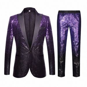 luxury Purple Sequin Shiny Suit Pants Men Peak Collar One Butt Wedding 2pcs Suits Mens Party Prom Stage Singer Costume Homme k8kj#