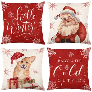 Casa de Natal Cartoon Vermelho Red 45x45cm Linen Cushion Cover