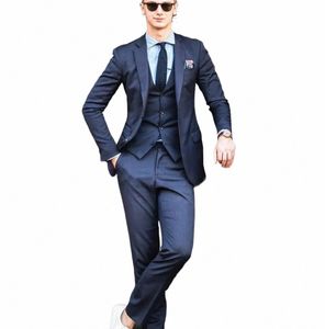 navy Blue Men' s Suit 3 Pieces Blazer Vest Pants Tuxedo Single Breasted Peaked Lapel Busin Modern Wedding Groom Tailored 46Gr#