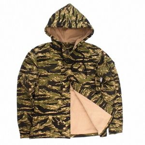 Mens Camoue Hoodie Cott Jacket Táticas Militares Gold Tiger Stripe Solto Grosso Velo Uniforme Casual Múltiplos Bolsos Casaco K71r #