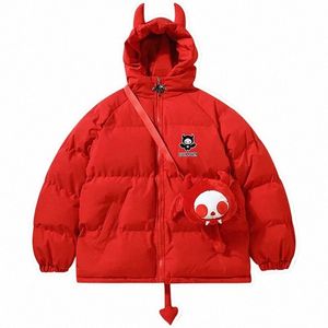 High Street Parkas Men Hip Hop Devil Horns Wing Tail Designer z kapturem Kurtki Zimowe zagęszcza Pieczniki z lalką Z8i3#