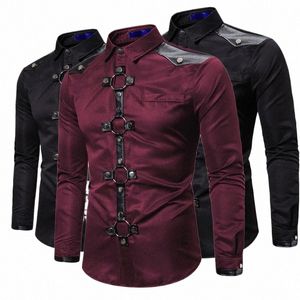 Fi lg sleeve Shirt Men New Goth Goth Style Rivet Solid Color Cargo Shirt Slim Fit Party Singer Stagewear 23pq#