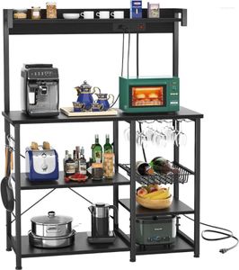 Rack de armazenamento para cozinha, rack para padeiros com saída de energia, suporte para micro-ondas, cesta de arame, estação de café, vidro de vinho