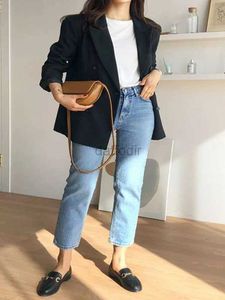 Dżinsy damskie proste dżinsy kobiety 2023 Spring Korean Fashion High talia Retro Slim Streetwear Cholegy Paperowane Pantan Dżinsowe spodnie dla dziewczynki 24328