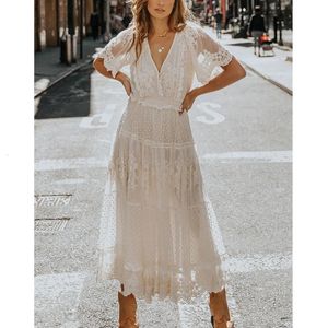 Happie Queens Women Solid Short Sleeve Beach Sexig Lace Bohemian Maxi Dress Ladies Vneck Boho Sundress Vestidos 240323