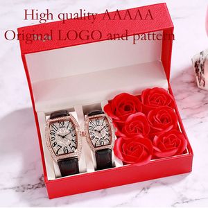 Valentine's Day Tiktok Live Broadcast Square Lovers Quartz Belt Wine Barrel Full Diamond Men's and Women's Watch Sets