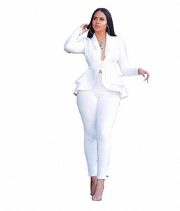 ruffles Casual Two Piece Set Women Elegant Blazer Coat Pencil Pants Tracksuit Solid Office Lady Workwear Femme Clothes Plus Size Y5r5#