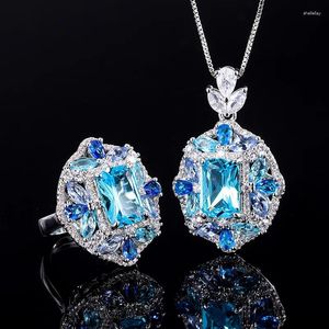 Necklace Earrings Set Wedding Party Gift Aquamarine Blue Zircon Pendant Adjustable Ring Women Jewelry