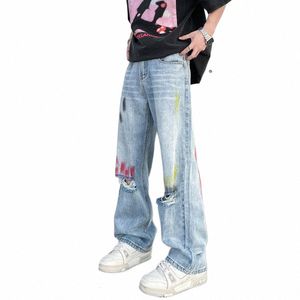 Abstrakt grafisk spl-blink rippade jeans män löser rak street sommarbyxor streetwear höst baggy y2k denim byxor s30v#