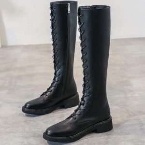 Обувь для обуви для женщин Laceup Ladies Boots Winter Cnoe High Wantwear с кружевами средняя каблука Длинная байкер.