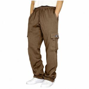 autumn and winter plush sports and leisure pants for men, with multiple pockets and loose work clothes tied with ropes. Men's pa 006t#