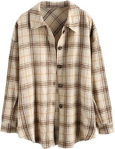 ZAFUL Women's Plaid Long Sleeve Shirt Button Down Wool Blend Thin Jacket Casual Blouse Tops with Pocket