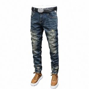 Fi Дизайнерские мужские джинсы Ретро Черный Синий Эластичный стрейч Slim Fit Рваные джинсы Мужские винтажные джинсовые брюки с вышивкой Hombre N7C2 #