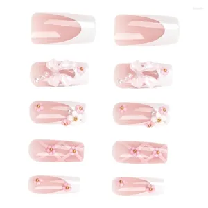 Unhas Falsas Elegante Pressão Quadrada Em Rosa Longa Com Flor Bowknot Dicas Artificiais Para Mulheres E Menina