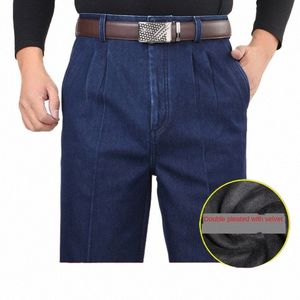 Большие размеры 30-42, 44, 46, джинсовые джинсы, мужские зимние брюки, флисовые теплые классические прямые свободные синие эластичные джинсы с высокой талией для мужчин o4A1 #