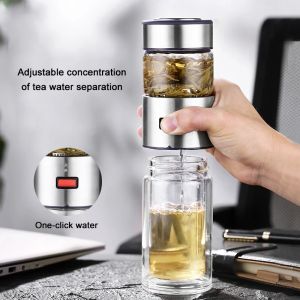 Frame Oneisall Bottiglia d'acqua in vetro da 400 ml con filtro per tè a foglie sfuse Infusore per tè Bottiglia in vetro a doppia parete Termos smontabile