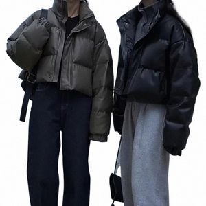 женский короткий пуховик из толстой искусственной кожи с воротником-стойкой, теплая зимняя куртка, корейские свободные пальто, женские парки, осень, зима N4DT#