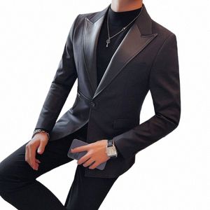 high Quality Fi PU Leather Spliced Collar Blazer Jackets For Men Clothing Busin Formal Wear Slim Fit Suit Coats Tuxedo M23T#