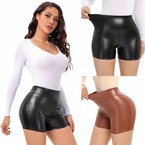 815# Ny sexig sommar- och höststräcka plus storlek tät svart faux läder shorts casual shorts läderbyxor för kvinnor Q132#