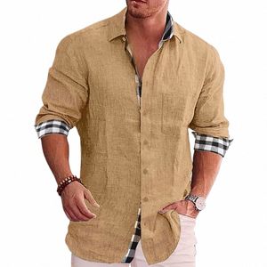 summer New Street Casual Shirt Men Loose Lg Sleeve Lapel Butt Blouse Solid Color Plaid Patchwork Versatile Tops Male Clothes o9CX#