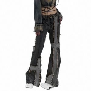 Karrcat Grunge Aesthetics Distred Jeans Vintage Patchwork High Waist Flare Jeans Wasteland Punk do-ond Denim Pants Gothic e3uo＃